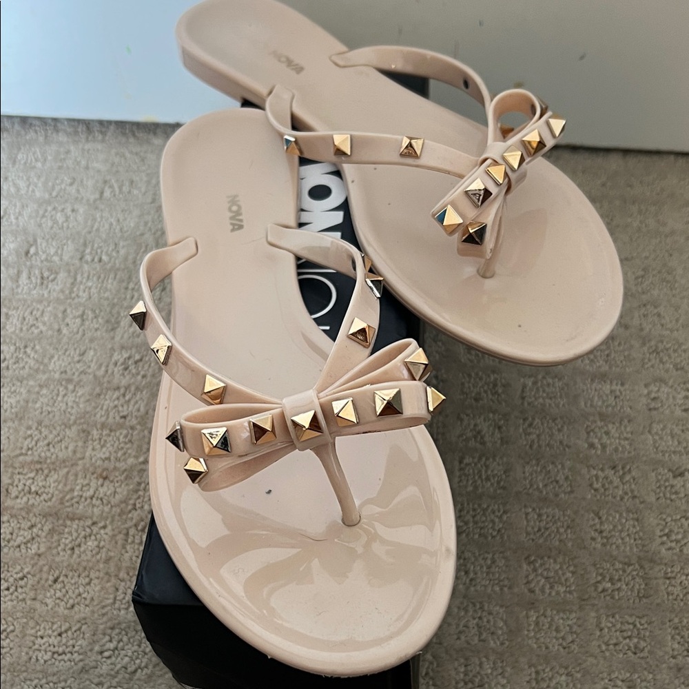 Fashion Nova Nude Sandals with Gold Accents